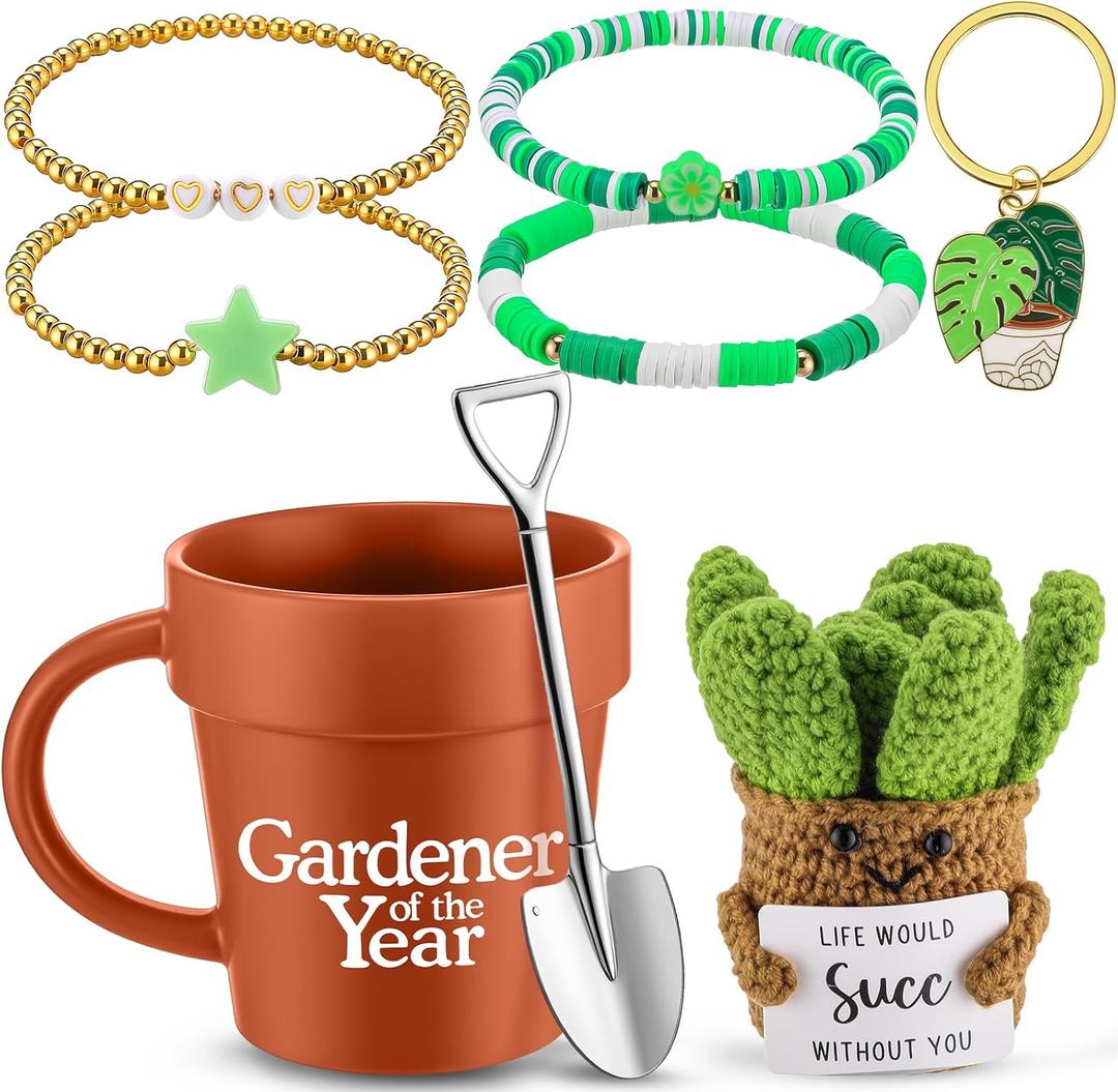 Didaey 5 Pcs Funny Gardener Gifts for Women Gardener of the Year Coffee Mug Crochet Succulent Bracelet Keychain Christmas Gifts for Men Women Mom Birthday Present
