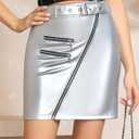 RAMISU Skirts for Women High Waisted A-Line Skirt Metallic Skirt Silver Zipper Skirts with Belt (S)
