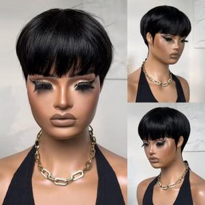 Short Wigs Pixie Cut Wig for black women Human Hair Natural Black Straight Human Hair Wig with Bangs Short layered Wave Glueless No lace front full machine made Bob Wig (1B#)