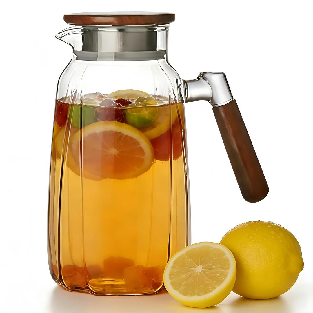 Glass Pitcher with Lid & Wooden Handle - 1.8L Borosilicate Iced Tea Pitcher, Glass Carafe for Hot/Cold Water, 60 oz Fridge Water Jug for Cold Brew, Milk, Glass Juice Pitcher for Family Party.