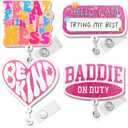 4 Pieces Cute Badge Reel Retractable Badge Holders with ID Clip Funny Pink Nurse Badge Reels MA CNA RN LPN Healthcare Badge Reel Nursing Accessories for Work