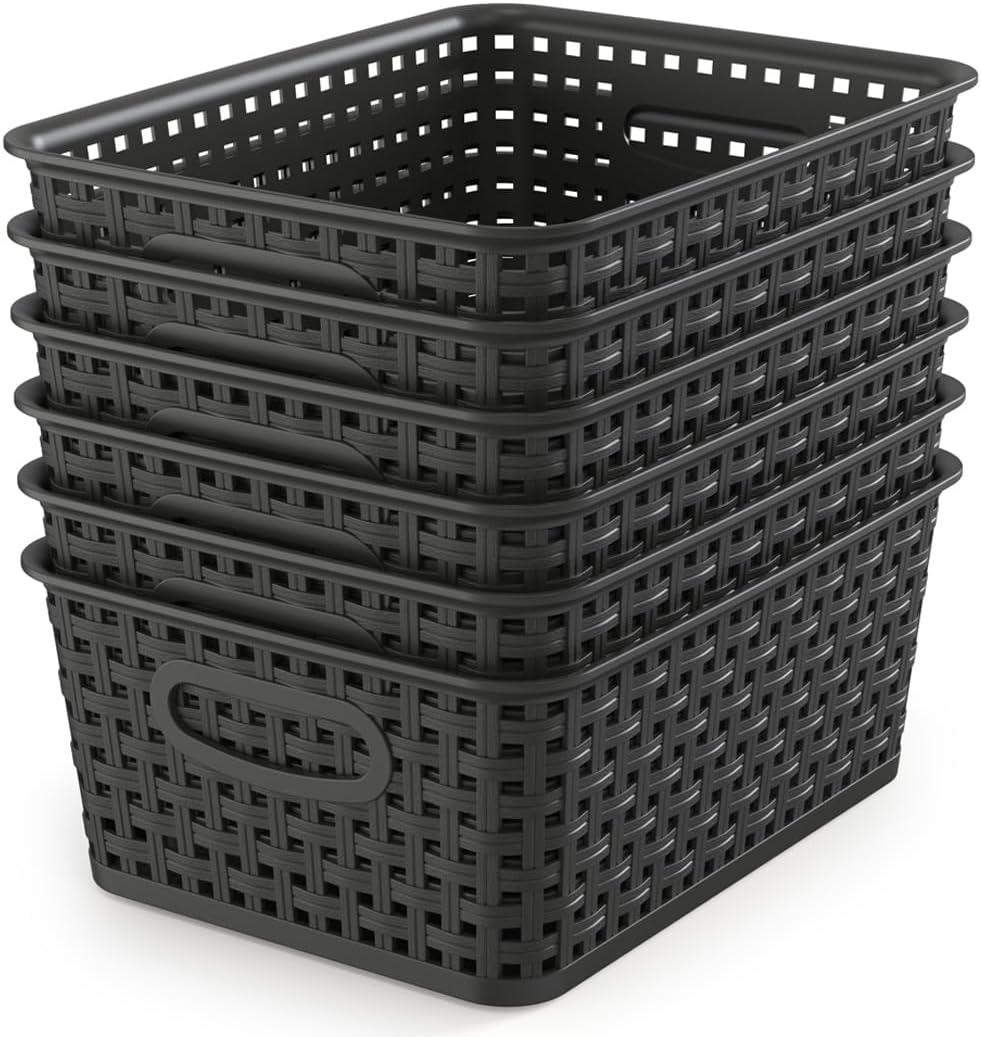 WYT Woven Storage Organizer Basket, 6-Pack Black Plastic Weave Baskets, 10.1 x 7.55 x 4.1