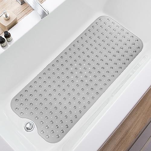 TEESHLY Bathtub Mats for Shower Tub, Extra Long Non-Slip 39 x 16 Inch Bath Mat with Drain Holes and Suction Cups, BathMat for Bathroom with Machine Washable (Clear Grey)