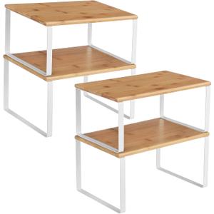 SONGMICS Cabinet Organizer Shelf, Set of 4 Kitchen Counter Shelves, Kitchen Storage, Spice Rack, Stackable, Expandable, Metal and Engineered Wood, Cloud White and Natural Beige UKCS010N01 (11.7"W)