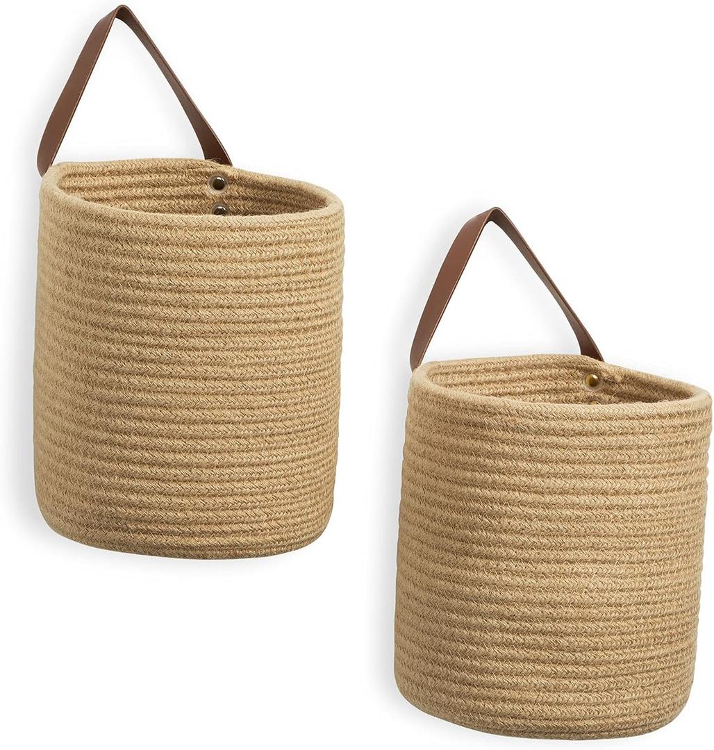 DULLEMELO Small Jute Hanging Basket 2 Pack - 7"D x 8"H, Woven Storage Basket With Leather Handle, Wall Decor Plants