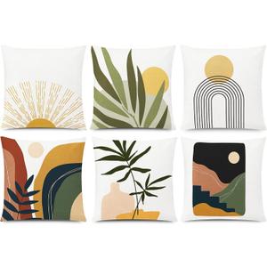 COMMINY Abstract Boho Pillow Covers 16x16 Set of 6 Decorative Sunset Leaves Throw Pillow Cover for Couch Minimalist Modern Pillow Case for Living Room Sofa Home Decor
