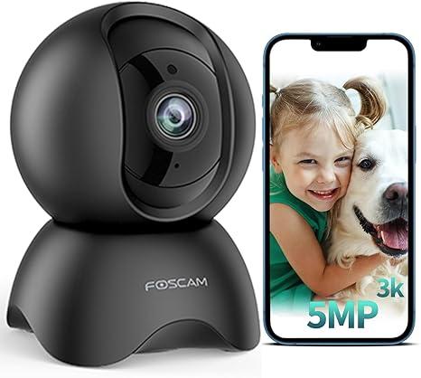 FOSCAM 3K Security Camera Indoor, 360° PTZ Baby & Pet Monitoring for Home Security, 5MP Night Vision, Human/Pet Auto Tracking, Motion & Sound Alerts, 2-Way Audio, 2.4GHz Wi-Fi (R5 Black)