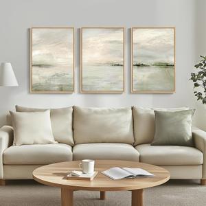 Framed Extra Large Sage Green Abstract Wall Art for Living Room, 3 Piece Modern Landscape Canvas Artwork for Walls, Minimalist Prints Wall Decor for Bedroom, Kitchen, Office, Hallway, 24x36 Inch