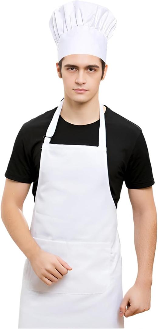 White Chef Hat And Apron For Men Women Adults Set, Chef Costume ,White Apron With Pockets For Cooking, Chef Outfit