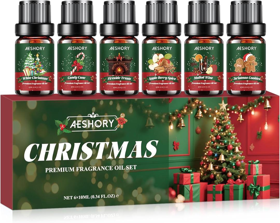 Christmas Fragrance Oil Set, 6 Premium Winter Essential Oils for Diffuser, Scented Oils Gift for Soap & Candle Making, Candy Cane, Fireside Treats, Apple Spice, Mulled Wine, White Christmas, Cookies