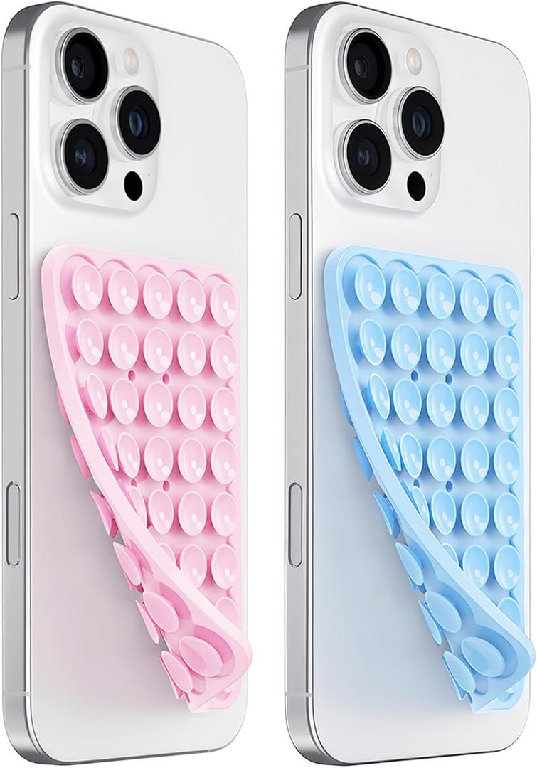 Anteel 2 Pack Silicone Suction Cup Phone Case Mount Double Sided, Hands-Free Silicon Phone Grip with Higher Suction Power for Selfies and Videos, Non Slip Phone Accessories (LightPink&Blue)
