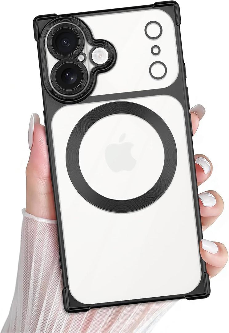 Clear Magnetic Phone Case for iPhone 17 Rectangle Black | Compatible with Magsafe, Scratchproof Lens Protection, Shockproof Reinforced Corners, Flexible TPU Matte Back, Slim Fit