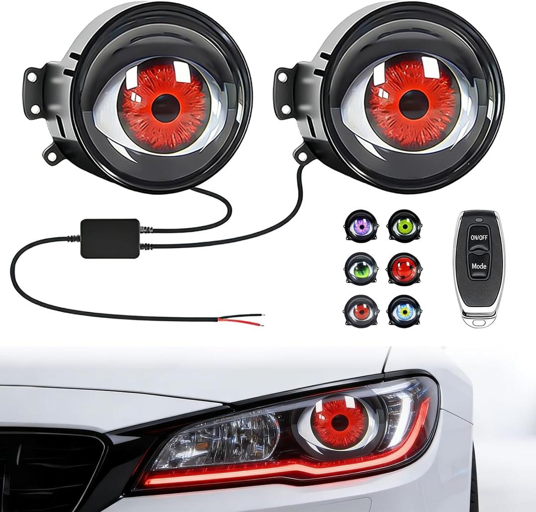 Demon Eye Headlights LED Kit, 2PCS Dynamic Devil Eye Lights with HD Lens, 6 Animated Effects with Mode/Switch Control, Universal 12 to 36 Volt Eyeball Lighting for Custom Vehicle Styling