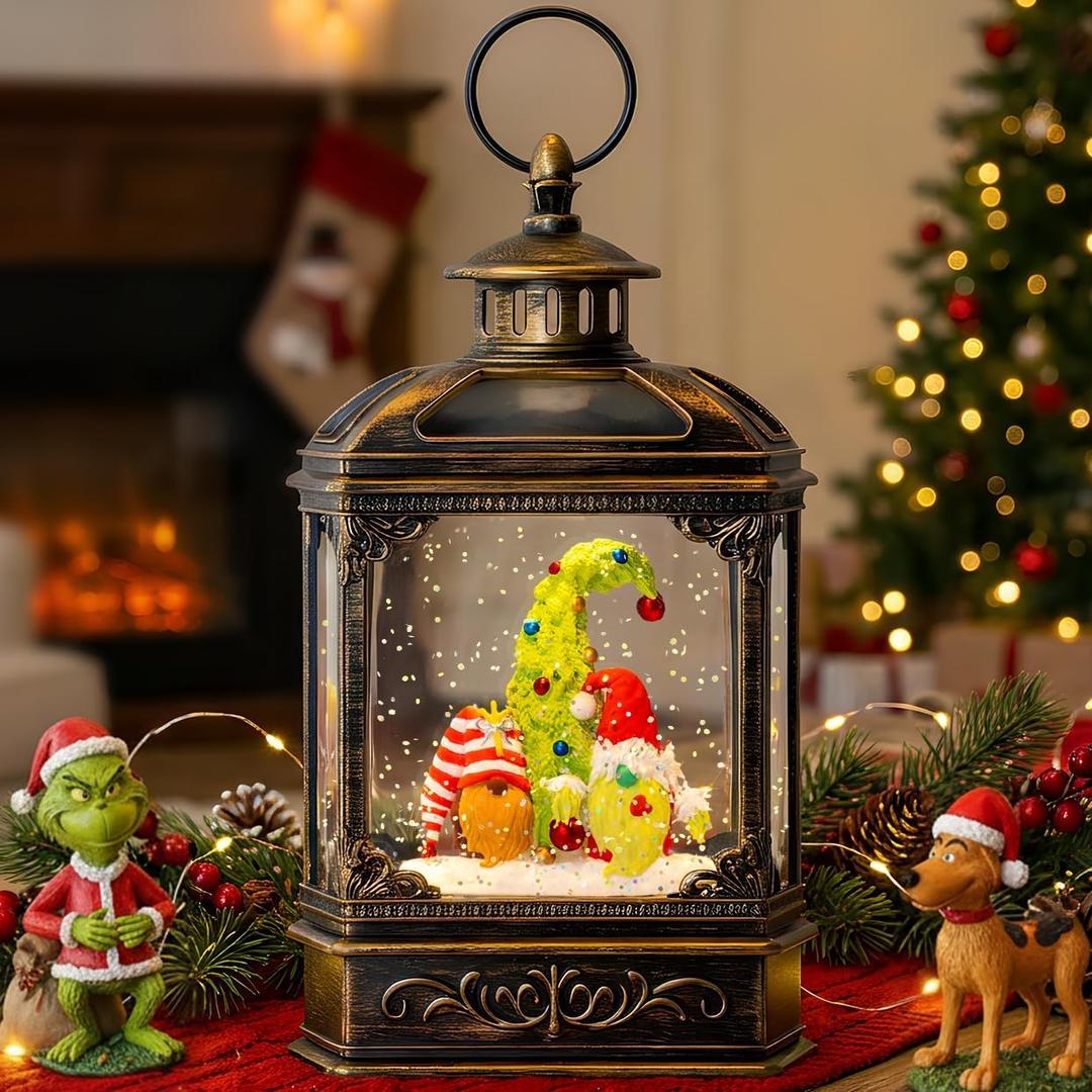 Musical Snow Globe Lantern Lighted Whimsical Christmas Tree & Gnomes Scandinavian Santa Elf Water Lantern with Swirling Glittering Home Decoration and Gift, Battery Operated or USB Powered