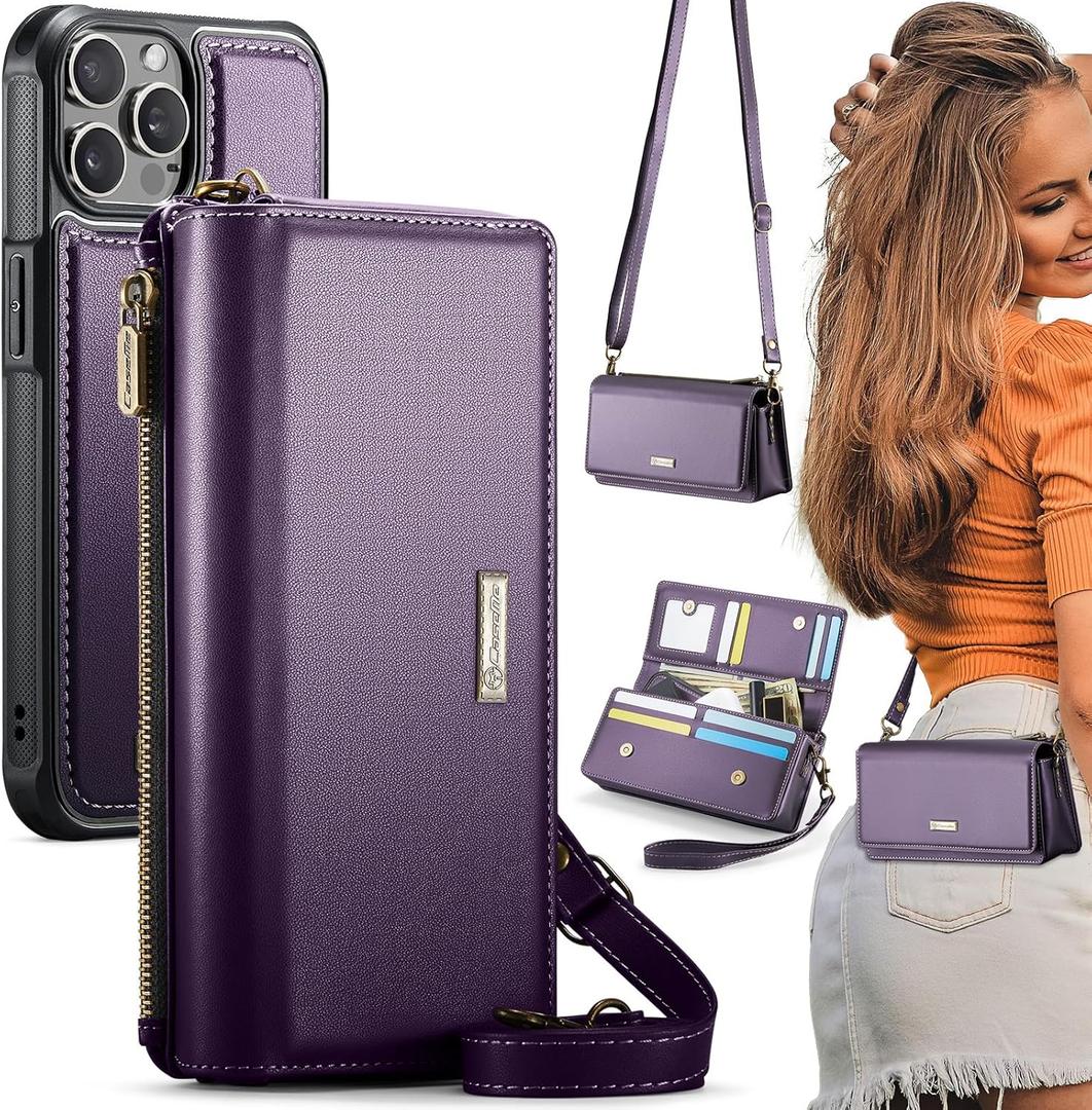 CaseMe for iPhone 15 Pro Max Wallet Case with RFID Blocking Card Holder for Woman, 2-in-1 Slim Detachable Phone Cases & PU Leather Crossbody Strap Zipper Purse Bag for iPhone 15 Pro Max 6.7", Purple