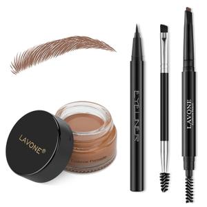 LAVONE Eyebrow Stamp Pencil Kit - Makeup Brow Stamp Trio with Waterproof Eyebrow Pencil, Eyeliner, Pomade, Dual-ended Brush - Caramel