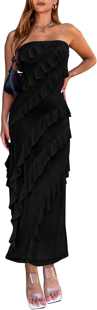 BTFBM Women Summer Elegant Strapless Midi Ruched Bodycon Dress Solid Color Stretch Mesh Slim Party Cocktail Dresses (Large, Black)