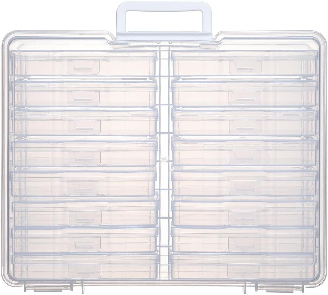PCA Photo Storage Box 4" x 6" With Handle - 16 Inner Keeper, Large Organizer, Clear Plastic Craft Case for Stickers, Stamps, Jigsaw, Vegetable Seeds (white)