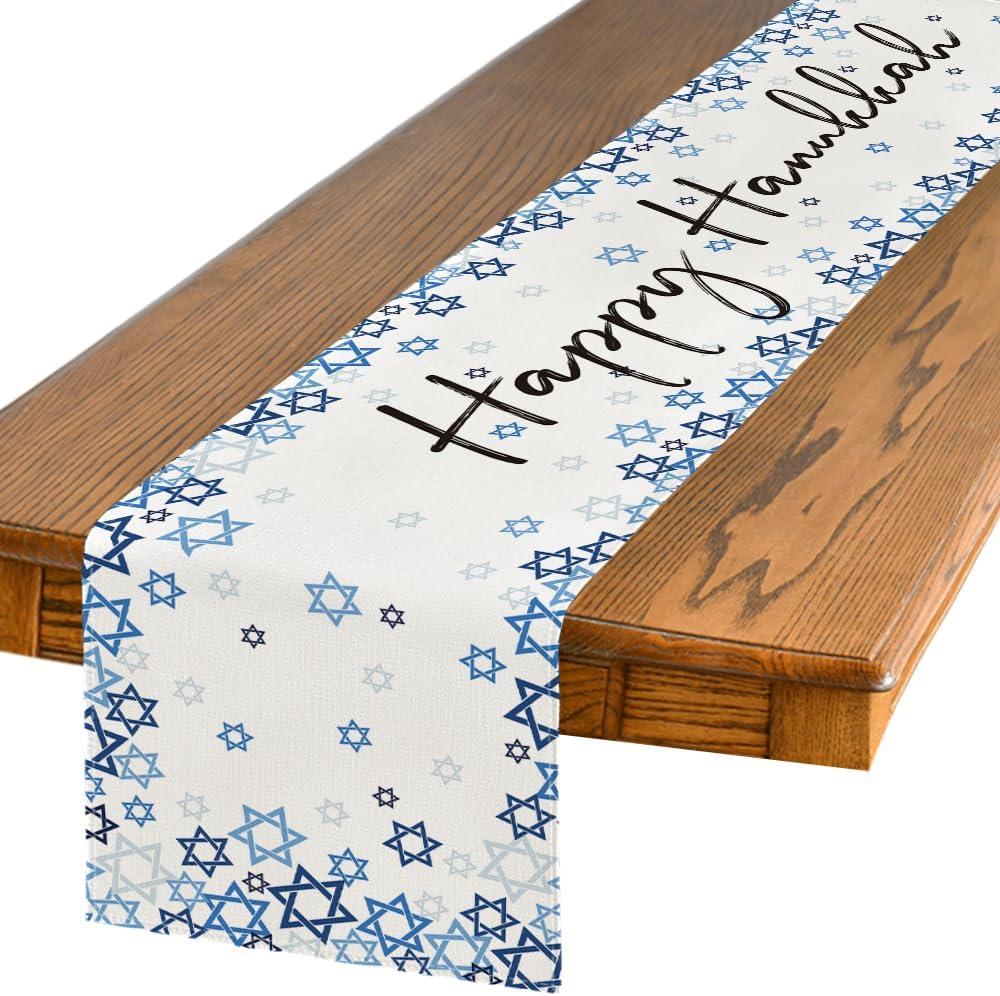 Artoid Mode Beige Hexagram Happy Hanukkah Table Runner, Chanukah Kitchen Dining Table Decoration for Home Party Decor 13x72 Inch