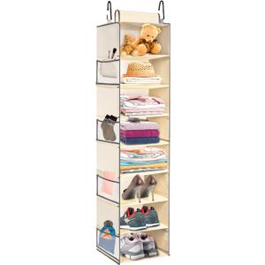 Large-Sized Hanging Shoe Organizer 8-Shelf, Hanging Closet Organizer with 8 Side Pockets, Wider Hanging Shelves for Storage Shoes Clothes 9" W 11.8" D 48" H, Beige.