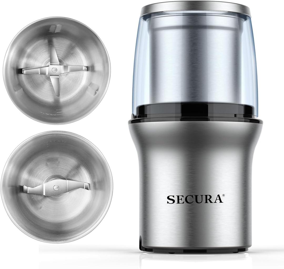 Secura Electric Coffee Grinder and Spice Grinder with 2 Stainless Steel Blades Removable Bowls (2 removable bowl)