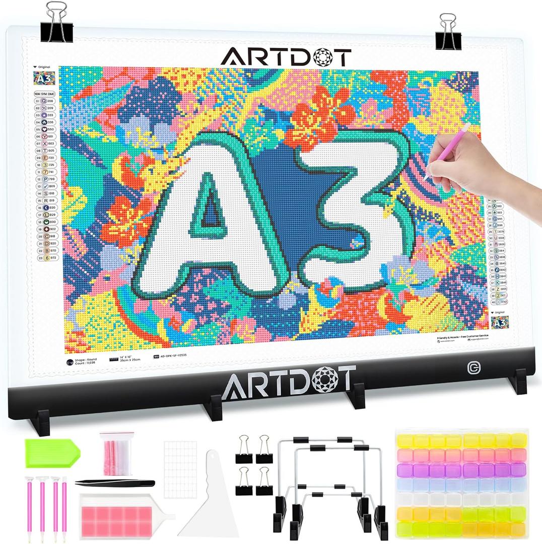 ARTDOT A3 LED Light Pad for Diamond Art Kits for Adults, USB Powered Light Board Kit, Adjustable Brightness with Diamond Painting Tools Detachable Stand and Clips