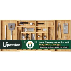 Large Silverware Organizer, 13 Slots Magnetic Connected Expandable Bamboo Utensil Drawer Organizer From 21 to 37.4 Inches, Adjustable Flatware and Cutlery Holder, Utensil Tray for Kitchen Natural