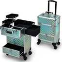 Blue Rolling Makeup Case with Drawer Travel Trolley Cosmetology Case on Wheel Makeup Storage Salon Barber Case Traveling Cart Trunk for Cosmetologist Nail Tech Hairstylist, 13.4"L x 9.4"W x 19.1"H