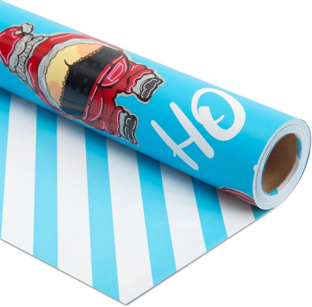 2 x Vnaaem Funny Christmas Wrapping Paper Roll - 17 Inches X 33 Feet - for Adult Women Men - Reversible Holiday Wrapping Paper Blue Naughty Santa Stripe Pattern Great for Holiday