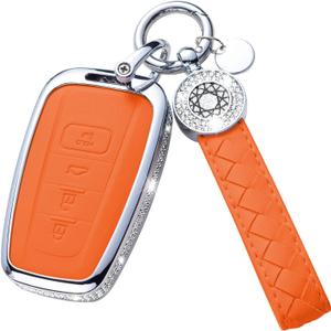 For Toyota Key Fob Cover with Keychain, Orange Leather Rhinestone Key Case Protection Shell Compatible with 2018-2022 Camry RAV4 Highlander C-HR Prius Corolla Avalon GT86