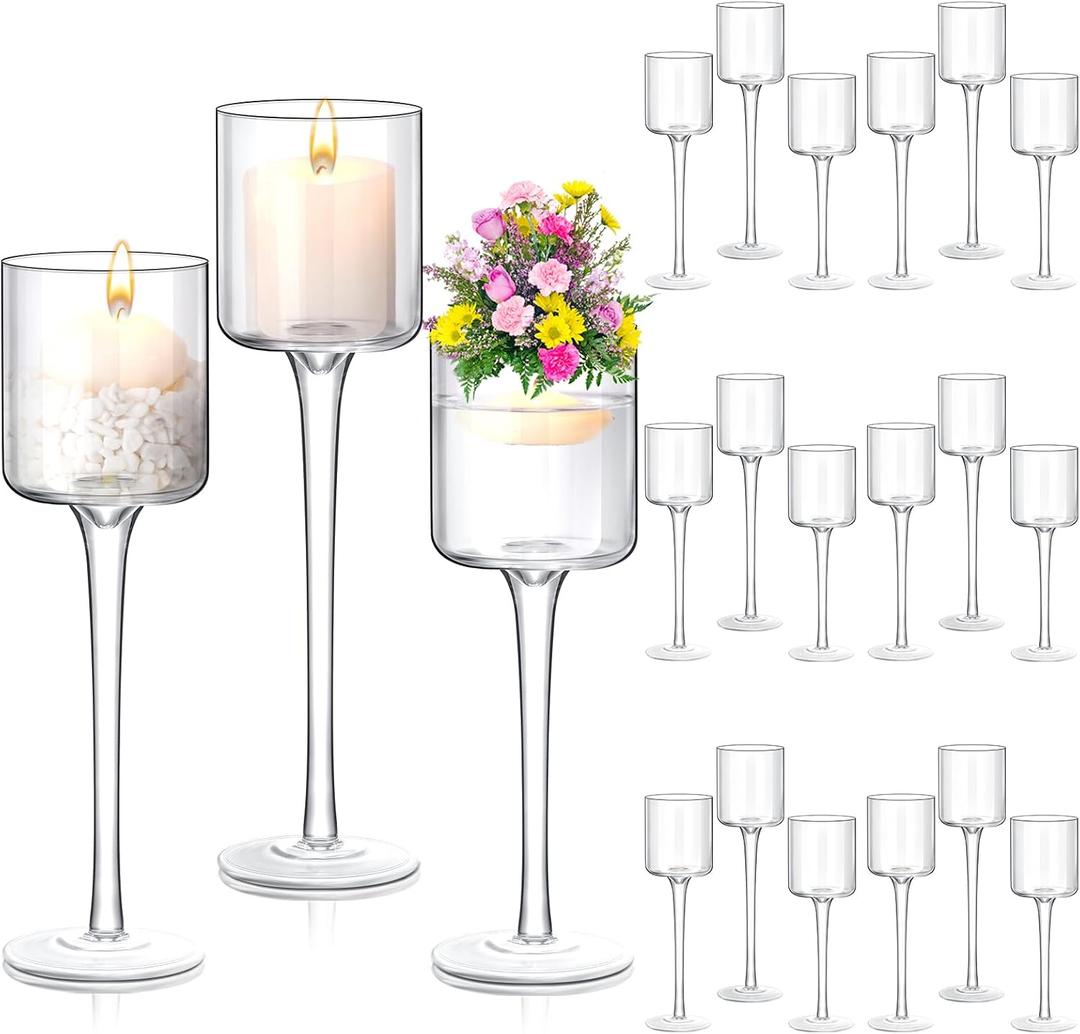 Sieral 18 Pcs Glass Candle Holder Tall Tea Lights Candle Holder for Table Centerpiece Floating Hurricane Long Stem Pillar for Wedding Party Home Table Decoration, 3 Sizes