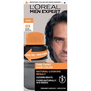 LOreal Paris Men Expert One Twist Mess Free Permanent Hair Color, Mens Hair Dye to Cover Grays, Easy Mix Ammonia Free Application, Dark Brown 03, 1 Application Kit