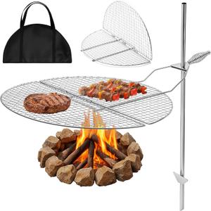 Large 22 Inch Campfire Grill Grate Fire Pit Grill Cooking Camp Fire Grilling Grate Foldable Camping Campfire Stainless Steel Open Outdoor Cooking Equipment Portable Bag Adjustable Swing Stand Backyard