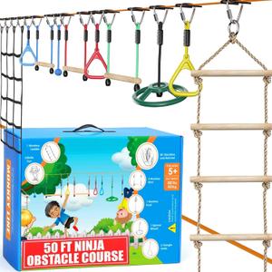 Hyponix Ninja Warrior Obstacle Course for Kids – 2 x 50 ft Slackline with 10 Outdoor Ninja Obstacles, Supports 880lbs – Monkey Net, Ratchet-Tight Tech, Climbing, Swinging & Balance Training, Ages 3+