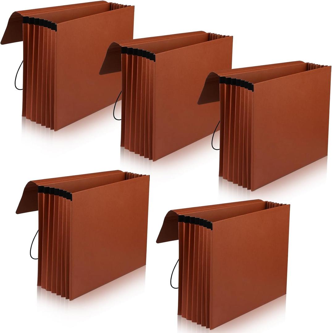 Chuangdi 5 Pcs Expanding File Folder with Flap 5.3" Expansion, Expandable File Wallet with Elastic Cord Closure, Letter Size Heavy Duty Document Organizer, 8 Slots Holds 1200 Sheets Paper, Brown
