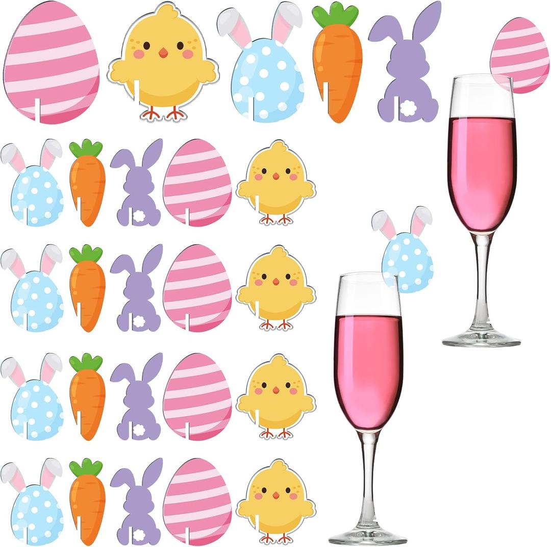 LemonRoad 50 Pcs Easter Charms Party Drink Decorations Bunny Eggs Glass Drink Markers Tags Acrylic Holiday  Identifiers Charms for Party Favors Accessories