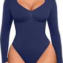 FeelinGirl Long Sleeve Shapewear Bodysuit for Tummy Control V Neck Slimming Body Suits Thong Navy Blue XXL
