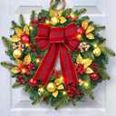 Yastouay 22" Christmas Wreaths for Front Door, Christmas Wreath with Lights Bow Christmas Ball Ornaments, Berries & Sparkling Leaves, Christmas Door Wreath for Home Wall Window Indoor Outdoor Decor (1 Pack, Green, Red & Gold)