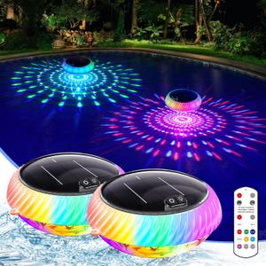 Askyli Floating Pool Lights Solar with Remote, 7.6 Inch RGB Up and Down Color Changing Solar Pool Lights That Float with Dynamic Lighting Effects, Floating Light for Pools, Party, Decor(2) (White)