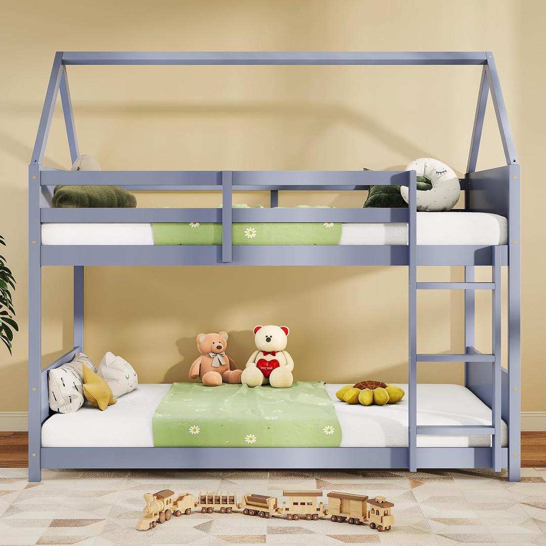 Bunk Bed Twin Over Twin, Wood Bunk Bed Frame with Ladder, Full-Length Bed Rail, Slats, House Shaped Bunk Bed Frame for Dormitory and Bedroom, Space Saving, No Box Spring Needed, Grey