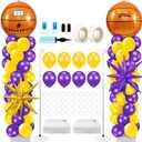 Kasyat 2 Sets Basketball Balloon Column Stand Kit with 4d Basketball Gold Purple Star Foil Balloons, Purple and Yellow Arch Kit for Floor for Graduation Anniversary Decorations