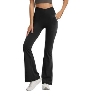 Leggings with Pockets for Girls Solid Black Stretch High Waist Tummy Control Workout Dance Bootcut Yoga Pants (8-9 Years)