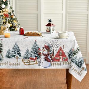 Horaldaily Christmas Tablecloth 60x120 Inch Rectangualr, Winter Snowman House Christmas Trees Whirte Washable Table Cover for Party Picnic Dinner Decor (White)