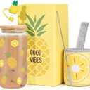 Dosuarue Pineapple Shaped Mug Cup, 16 oz Cute Glass Tumbler with Lids and Straws - Can Shaped Drinking Glass - Christmas, Birthday Gifts for Women (Yellow)