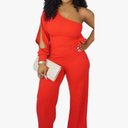 Women's Sexy One Shoulder Slit Sleeve High Waist One Piece Pant Outfit Wide Leg Jumpsuit Romper. Size L