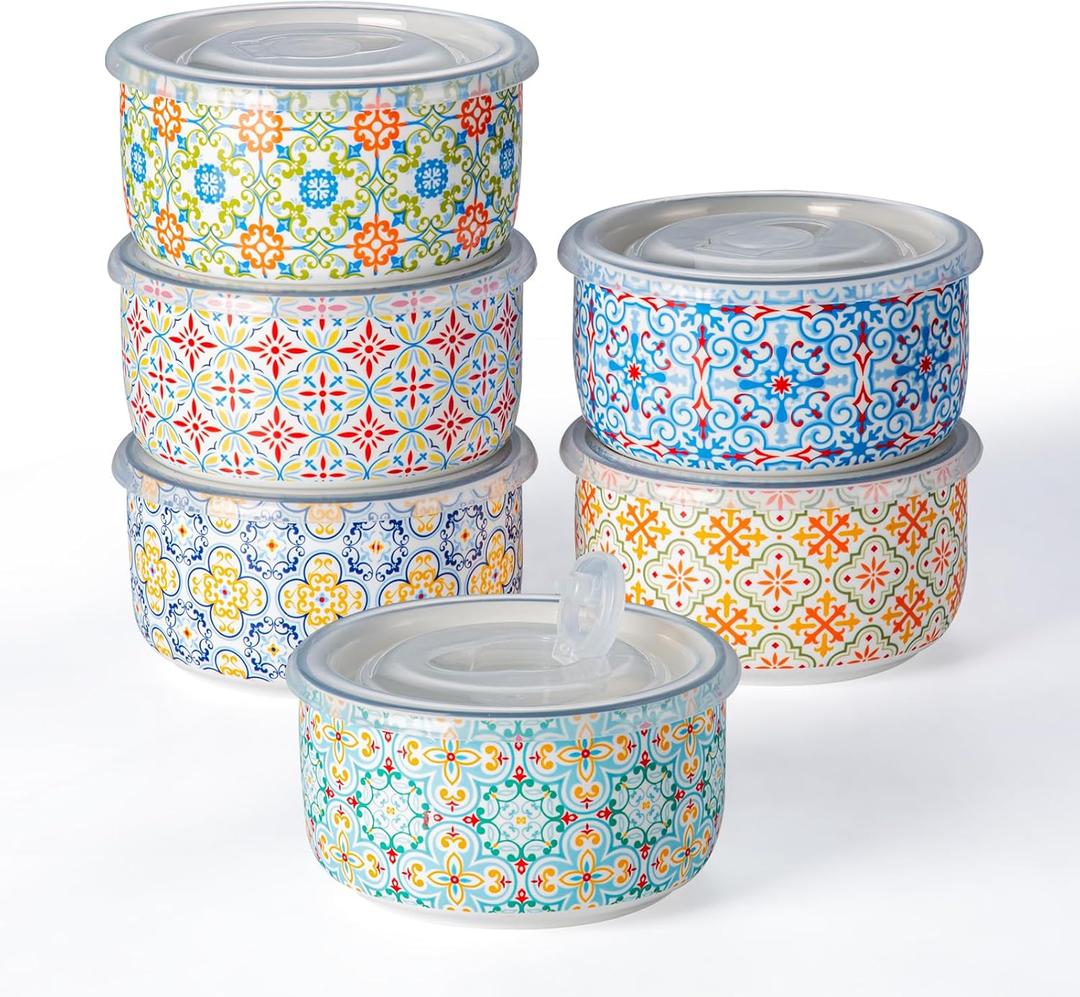 Ceramic Bowls Set with Lid: Microwave Safe Soup Containers Set of 6 for Meal Prep, Cereal, Salad, Picnic, Camping, Office Lunch, Kitchen Food Storage - 5 Inch, 20 oz, 6 PCS