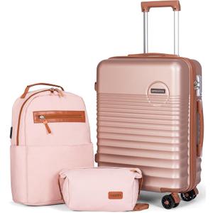 Carry On Luggage 22x14x9 Airline Approved, 20-inch Hard Shell Suitcases with Wheels, ABS Lightweight Carry on Suitcase with TSA Lock (Backpack Type, Pink)