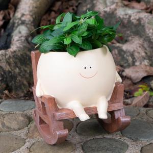 Large Smiley Face Planter Pot, Cute Resin Flower Head Planters for Indoor Outdoor, Unique Rocking Chair Plant Pot for Succulents Plants Live with Drainage Hole, Gift IdeaI for Mother Christmas