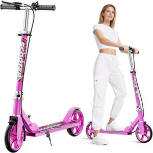 Scooters for Kids 8-12, Teens & Adults - Lightweight, Foldable, 8-Inch Big Wheels, Hand Brake & Bell, 4 Adjustable Height Levels, 240 lbs Max Load, Perfect for School, Campus and Park Rides, Pink