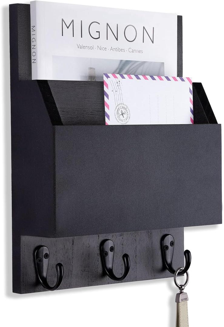 Key and Mail Holder for Wall Mount, Entryway Mail Holder with 2 Slot, Key Holder with 3 Sturdy Hooks for Coat, Dog Leash, Decorative Key Rack (8.86W x 11.42H x 3D) (Black)